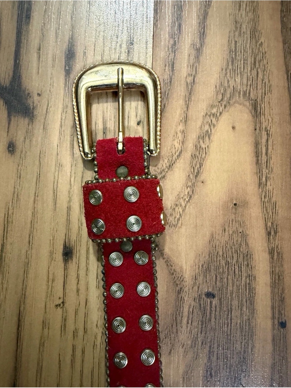 Vintage Red Suede Double-Row Studded Belt Gold Buckle Boho Y2K